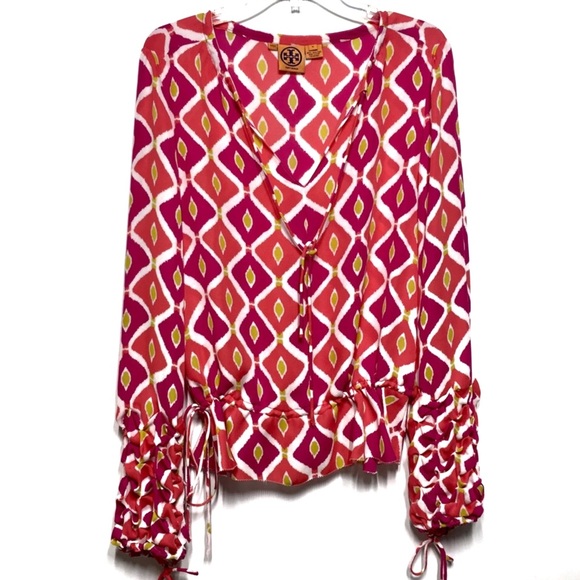 Tory Burch Tops - Tory Burch Ikat Print Tie Waist Ruche Sleeve Top